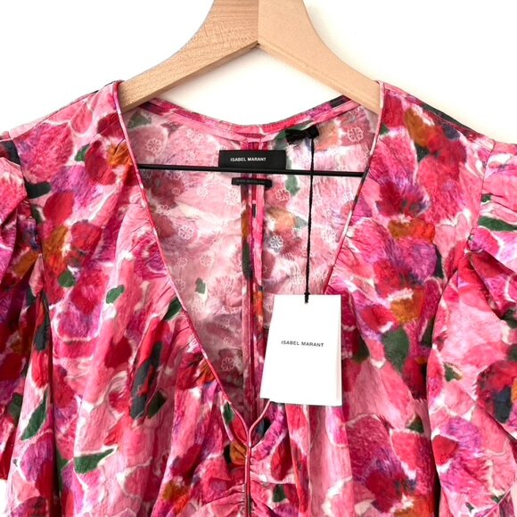 Isabel Marant Mirnao Floral Puff Sleeve Silk Blend Ruched Top Pink Size 8 NWT - Picture 10 of 12